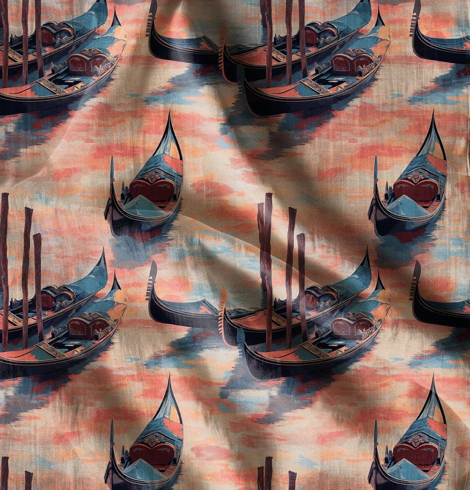 100% LINEN Fabric Italian Venice gondola print, oatmeal natur linen fabric for home decor upholster