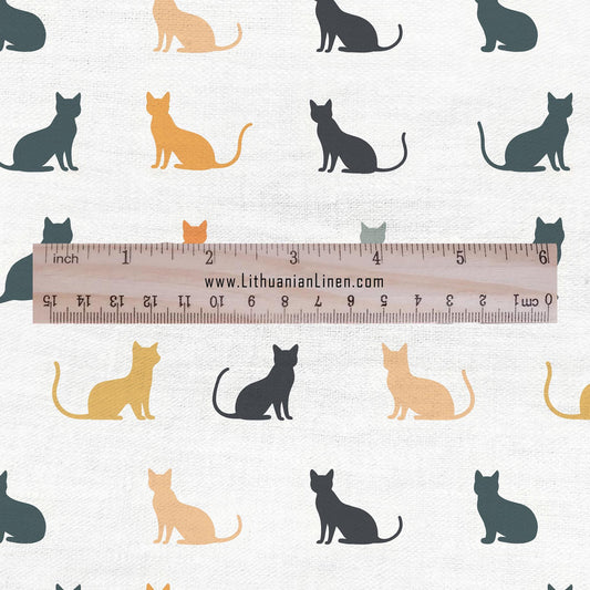 100% LINEN Fabric cat print - animal print fabric for upholstery home decor dress making 2136