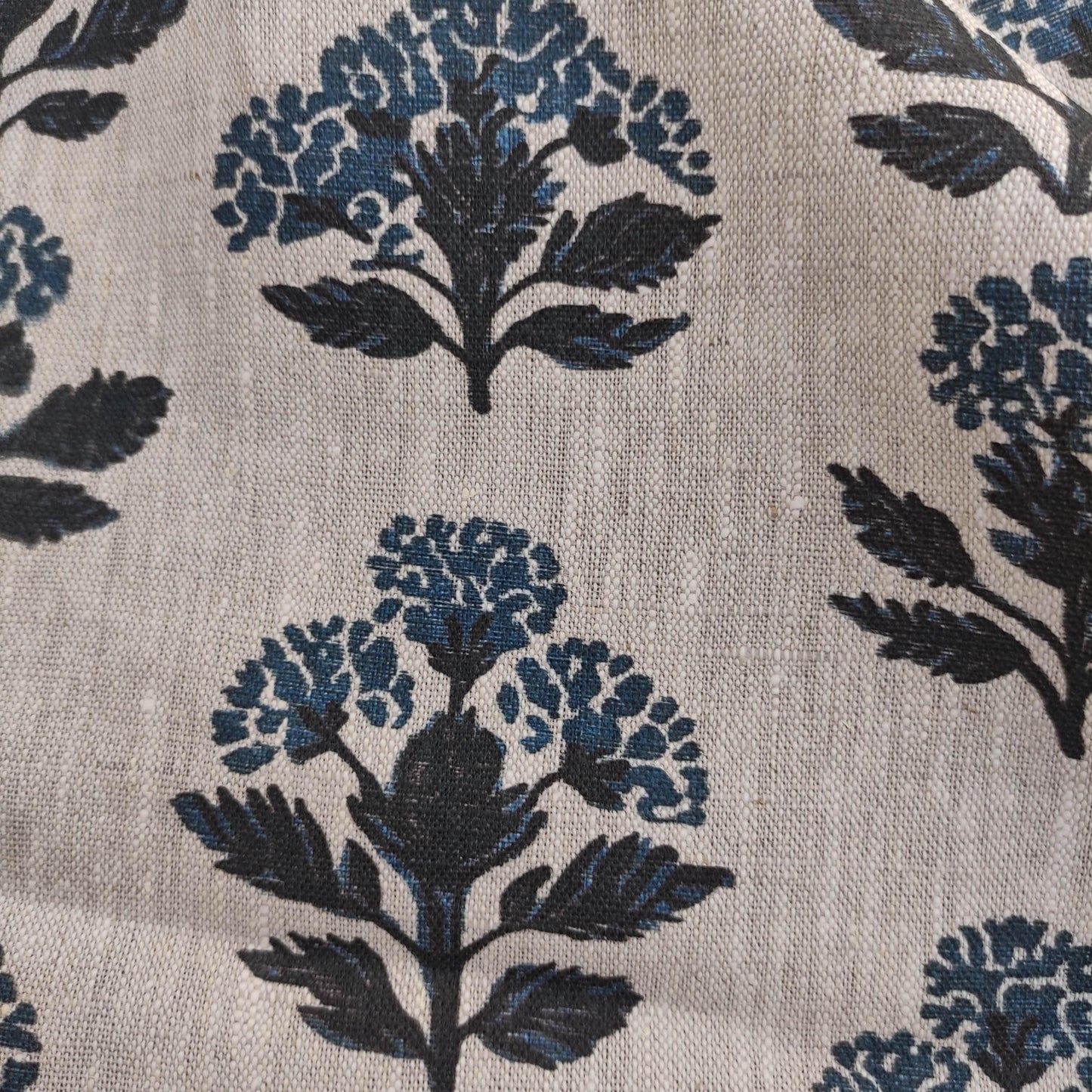 100% LINEN Fabric hand block print flowers - oatmeal linen fabric with blue green print Achillea - fabric for home decor upholstery
