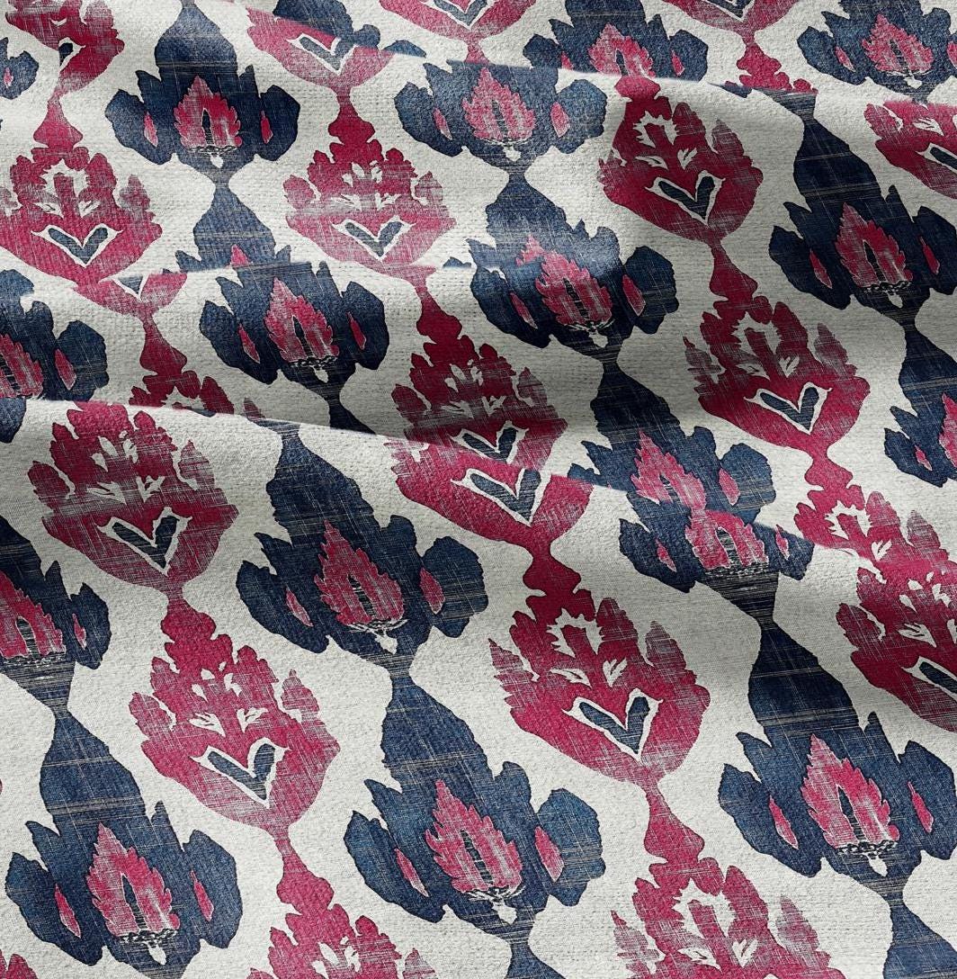 100% LINEN Fabric Ikat red navy Mudcloth - Geometric Tribal Linen Fabric for dress making Curtain Upholstery Cushion Fabric