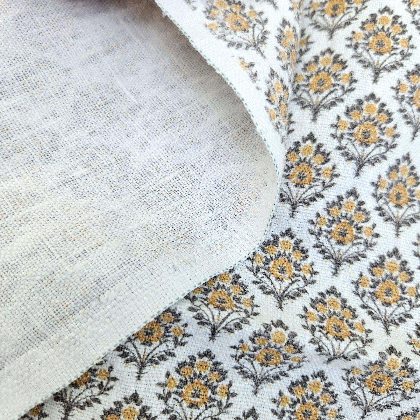100% LINEN Fabric block print mustard brown yellow on white - heavy linen fabric upholstery home decor or medium for clothing 2513 Vadodara