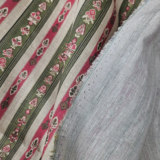 100% LINEN Fabric ethno stripe print - tribal green red print on linen print upholstery curtains dress making