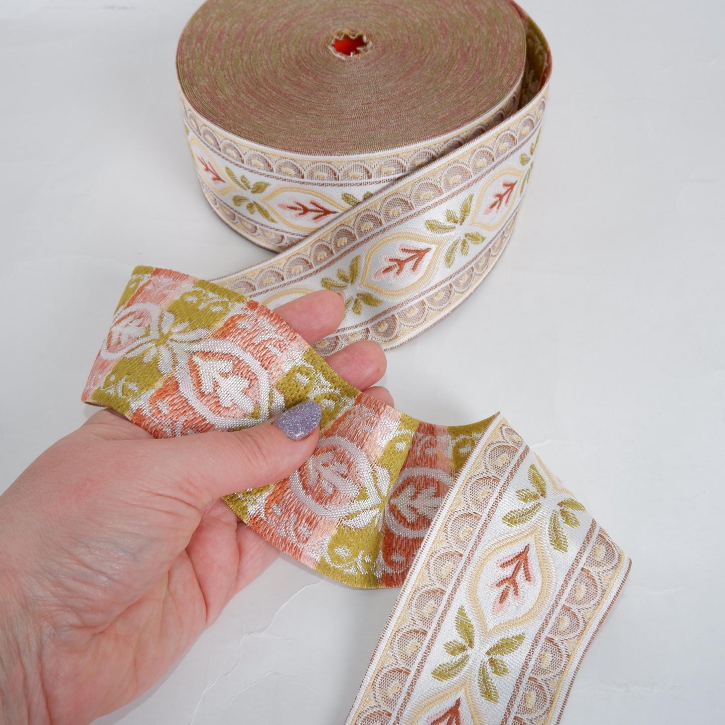 Jacquard woven fabric trim - Ribbon width 60 mm or 2.3" - Pale pink Decorative webbing Tape Trim