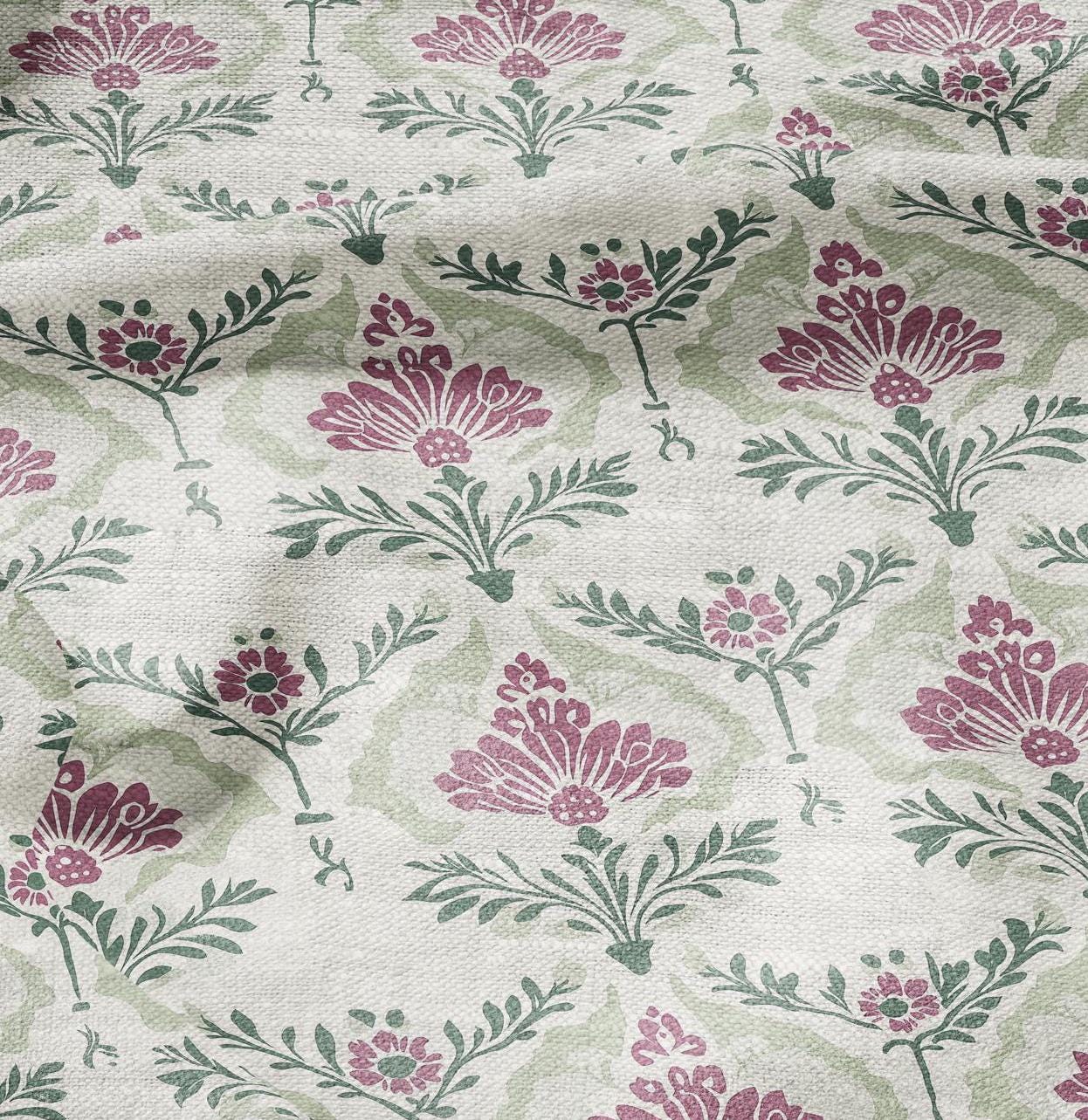 100% LINEN Fabric floral with botanical print - linen fabric with pale green print for upholstery home decor curtains pillowcases