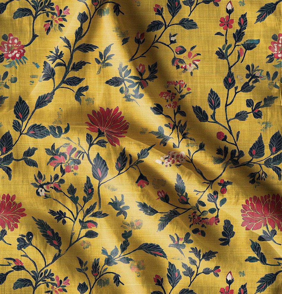 100% LINEN Fabric in heavy weight with floral mustard print - botanical linen fabric for upholstery home decor curtains pillowcases 2563