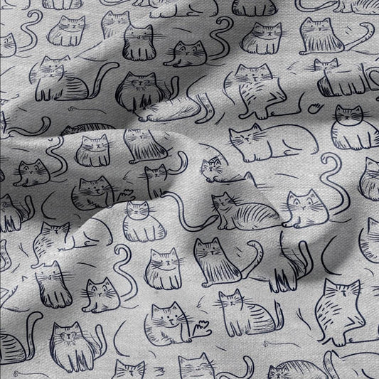 100% LINEN Fabric Cat navy blue gray print - Modern vintage fabric - upholstery home decor sewing clothing 2140