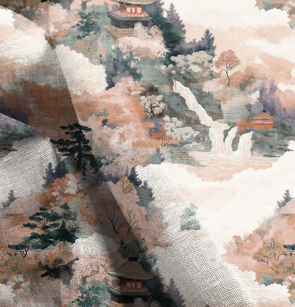 100% LINEN Fabric Kyoto in autumn print, linen fabric withJapanese scenery print, heavy linen fabric for upholstery home decor