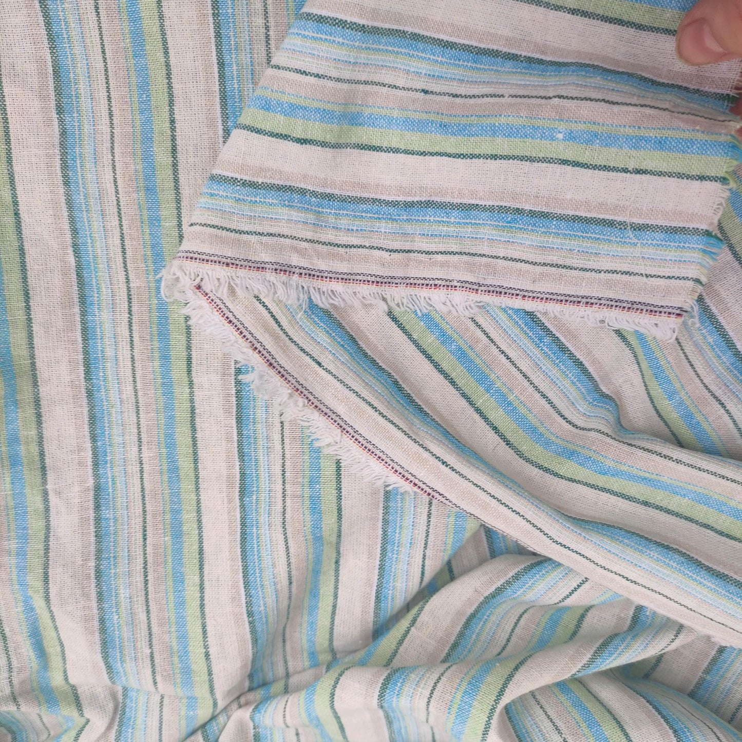 Premium Linen Fabric Santorini striped green | Midweight multicolor stripes green white | fabric for home textile curtains tablecloth T155