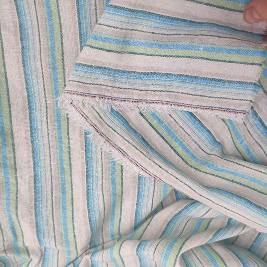 Premium Linen Fabric Santorini striped green | Midweight multicolor stripes green white T155