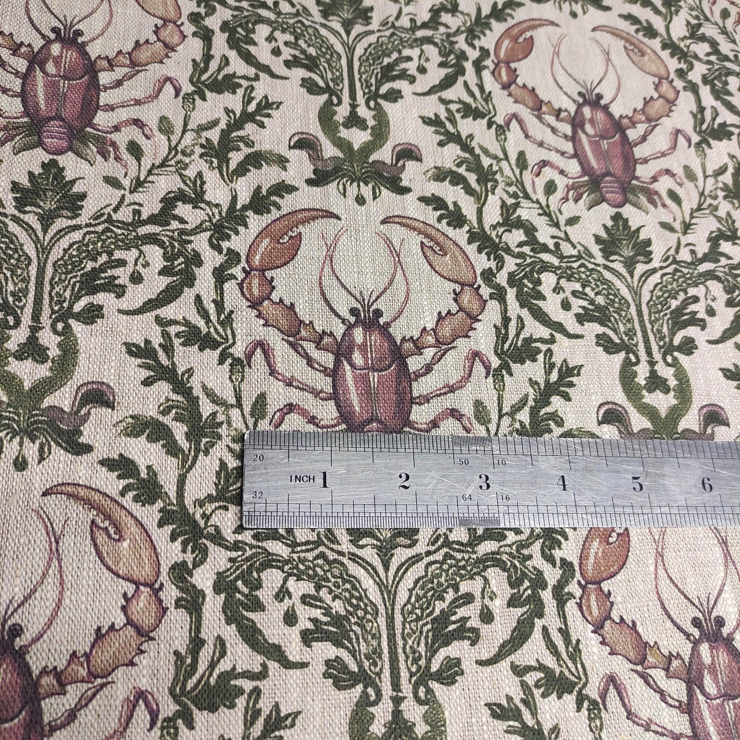 100% LINEN Fabric LOBSTER print, oatmeal linen fabric with green purple coastal print for upholstery home decor LOBSTER