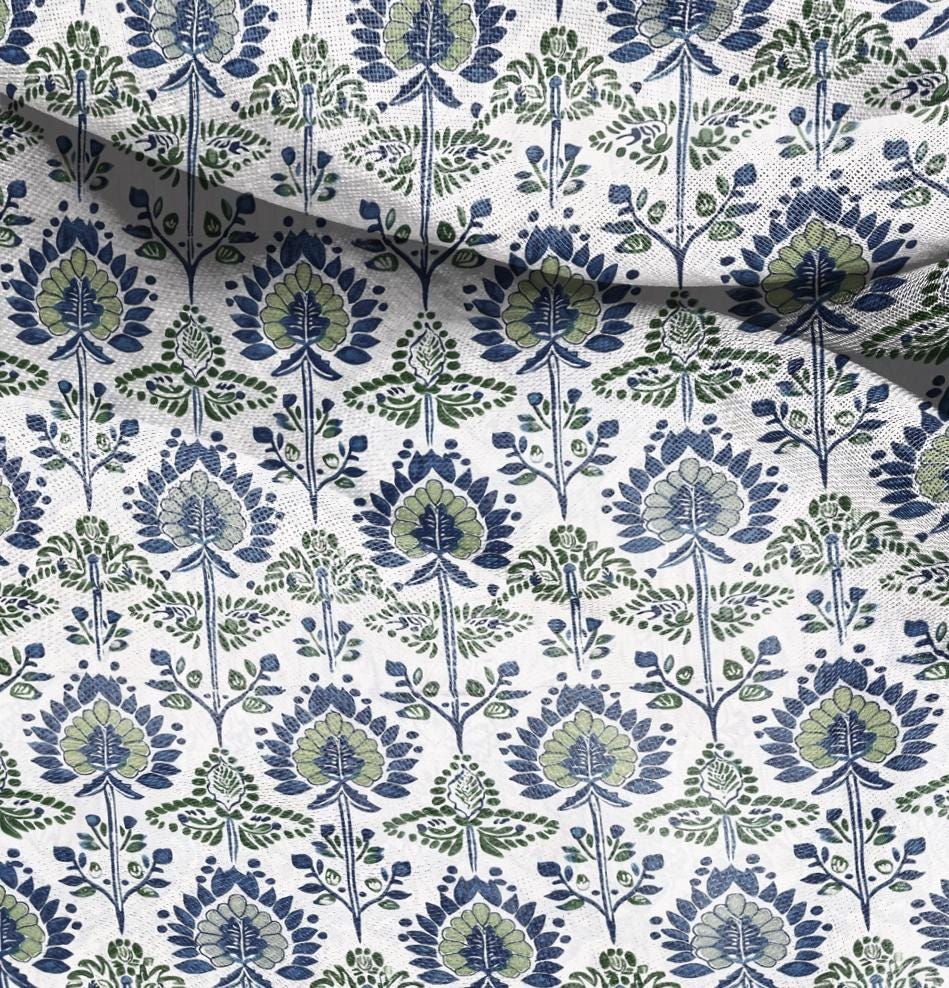 100% LINEN Fabric block print, linen fabric with indian blue floral print, heavy linen fabric for upholstery home decor