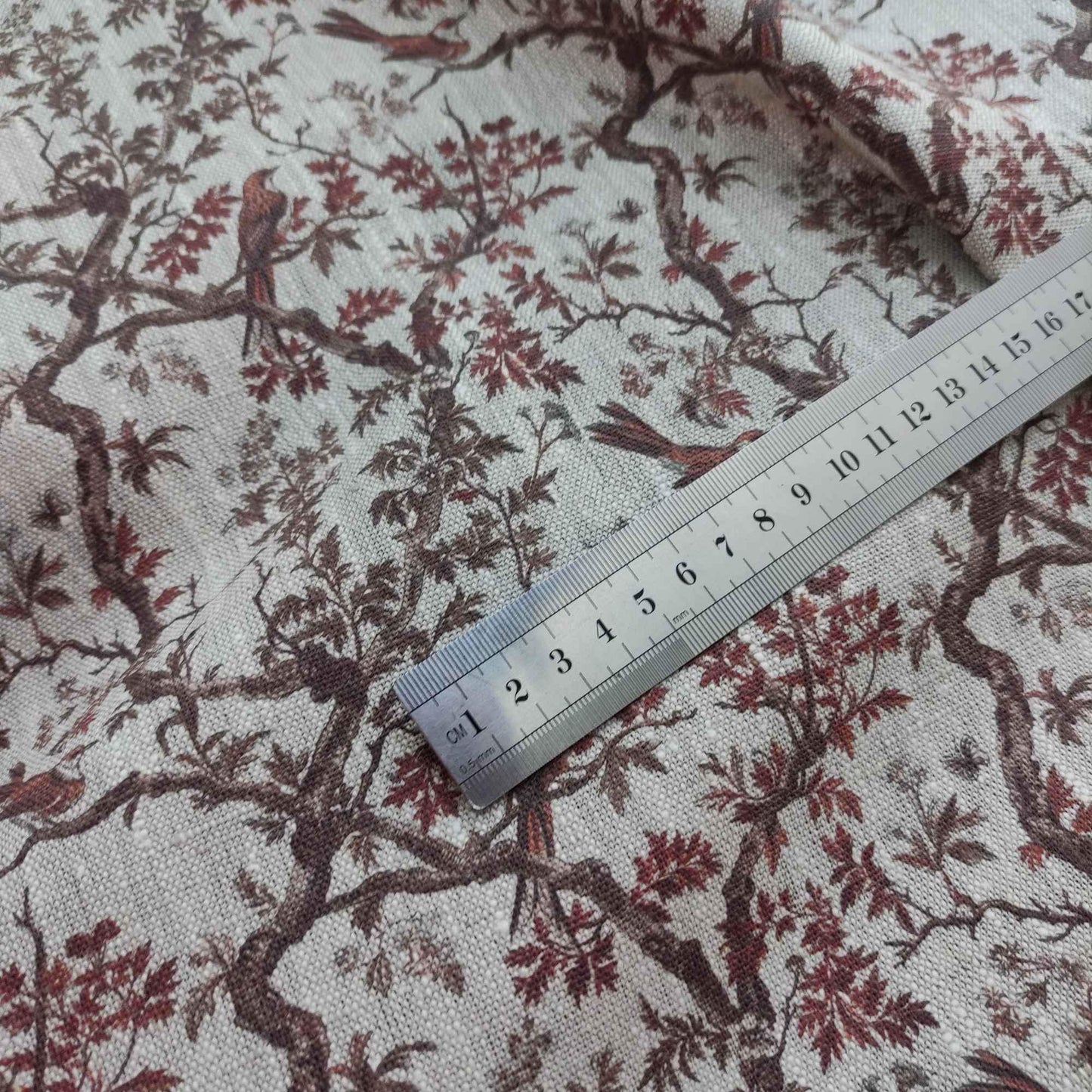 100% LINEN Fabric Toile de Jouy brown, oatmeal natur linen fabric with brown print, French linen fabric upholstery trees branches with birds