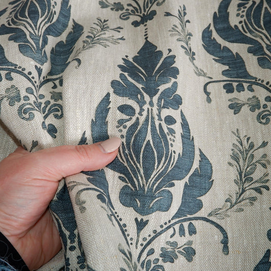 100% LINEN Fabric floral block print - Châteaucore Rustic French Charm print on oatmeal linen for upholstery curtains dress making 2001