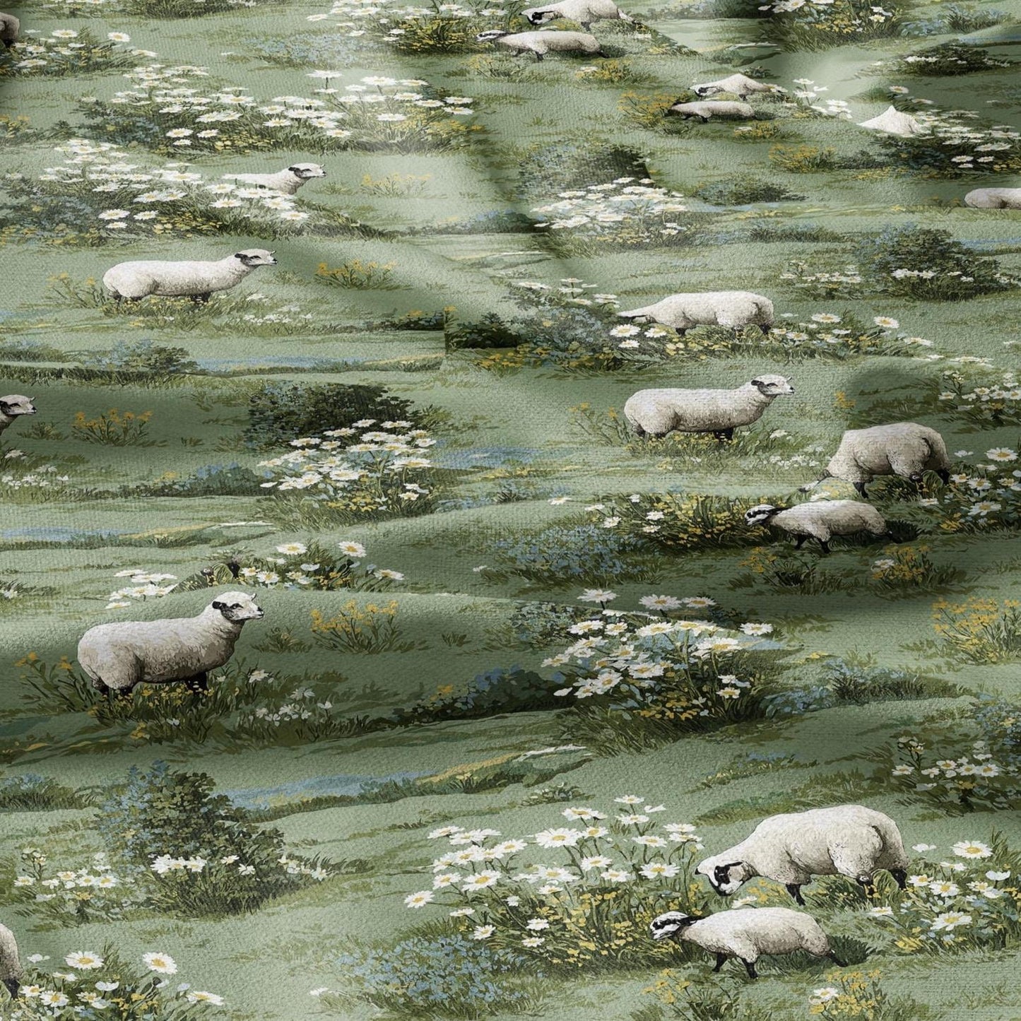 100% LINEN Fabric Sheep in fields white - green white meadow fabric print - Pastoral style French Nursery fabric 2003