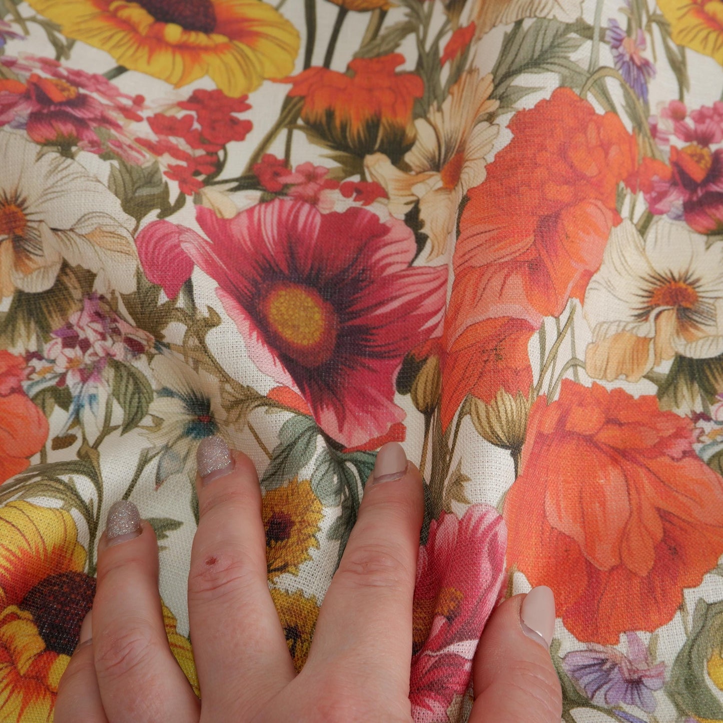 100% LINEN RED WILDFLOWERS floral print- white linen fabric with red poppies field print for upholstery home decor clothing