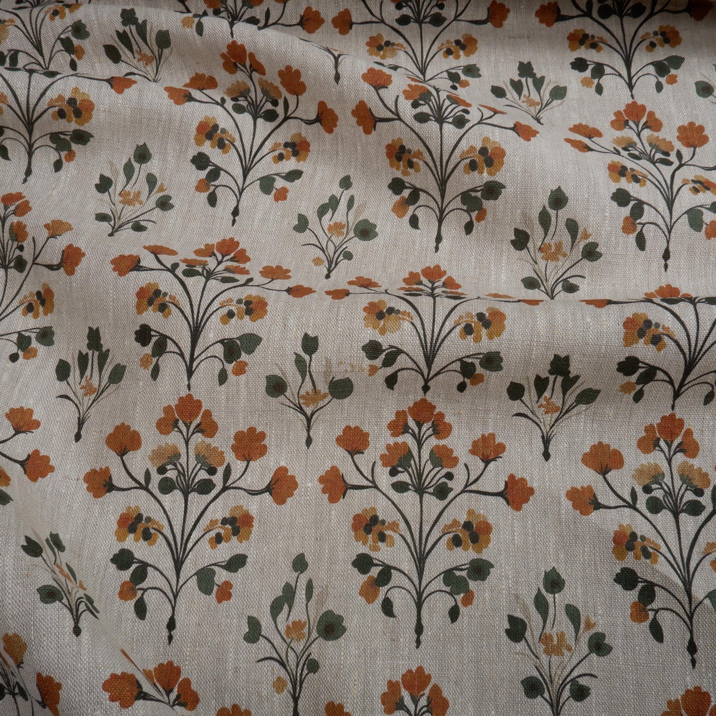 100% LINEN Fabric block print on oatmeal natur linen fabric with yellow floral print, heavy linen fabric for upholstery home decor
