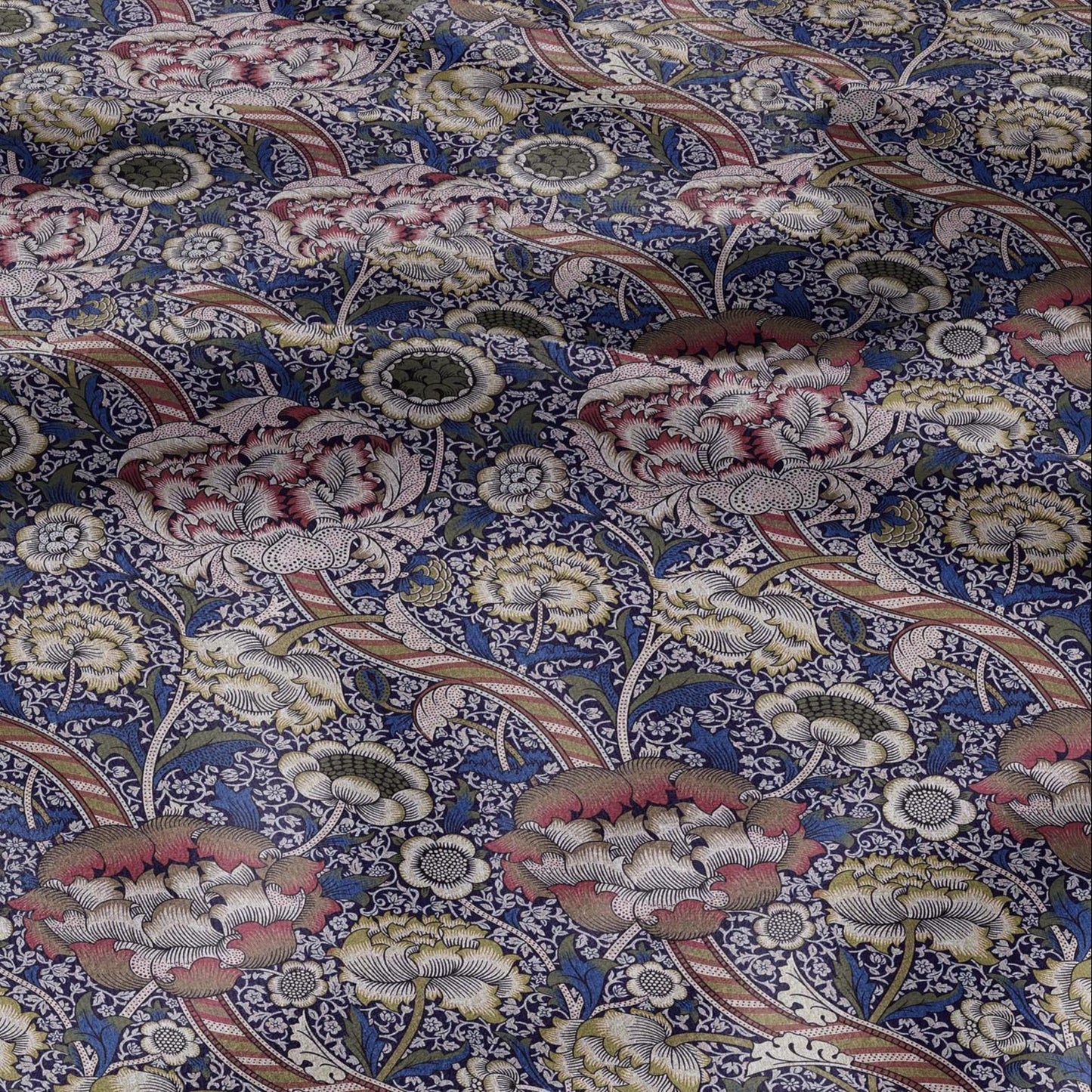 William Morris Wandle navy blue print on 100% LINEN - Victorian Art crafts linen Fabric - botanical Historical upholstery home textile