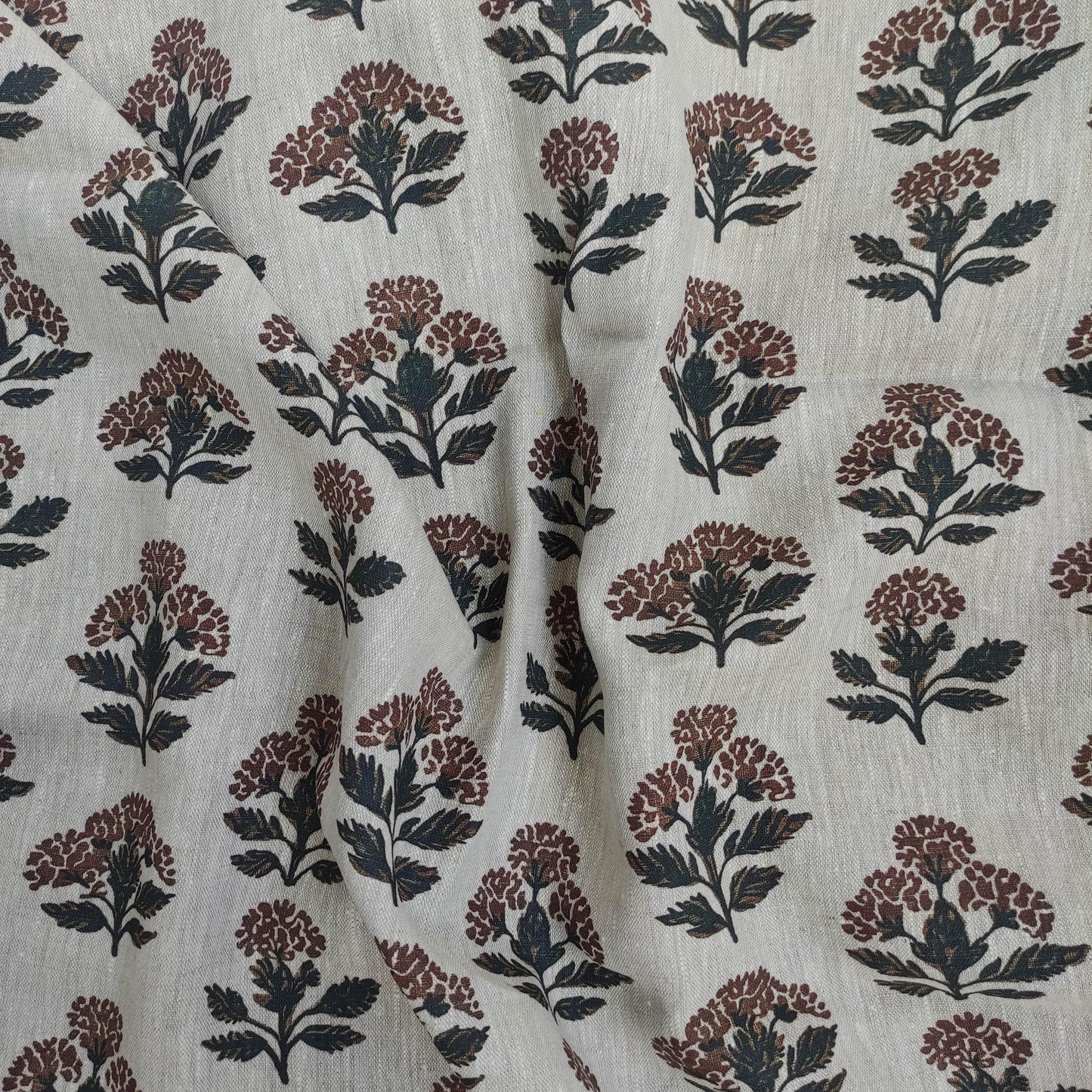 100% LINEN Fabric hand block print flowers - oatmeal linen fabric with black brown print Achillea - fabric for home decor upholstery