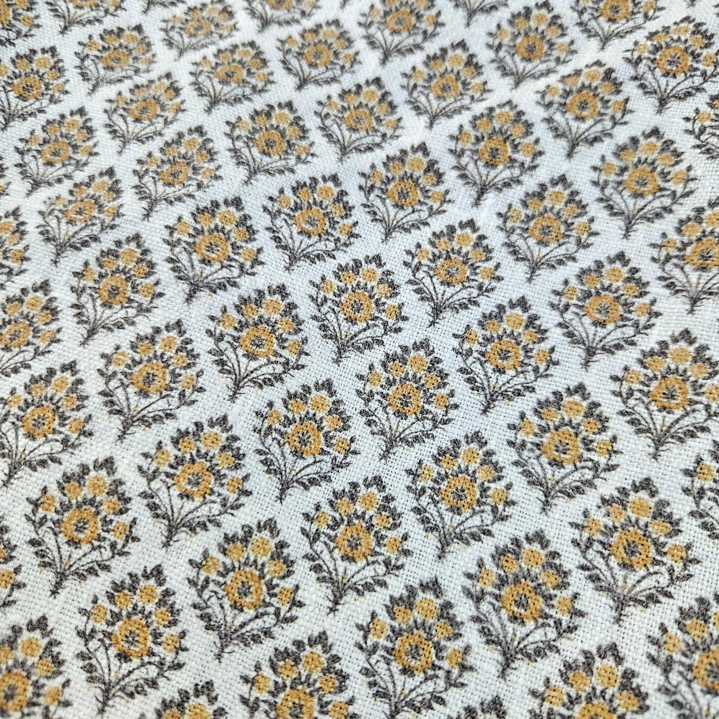 100% LINEN Fabric block print mustard brown yellow on white - heavy linen fabric upholstery home decor or medium for clothing 2513 Vadodara