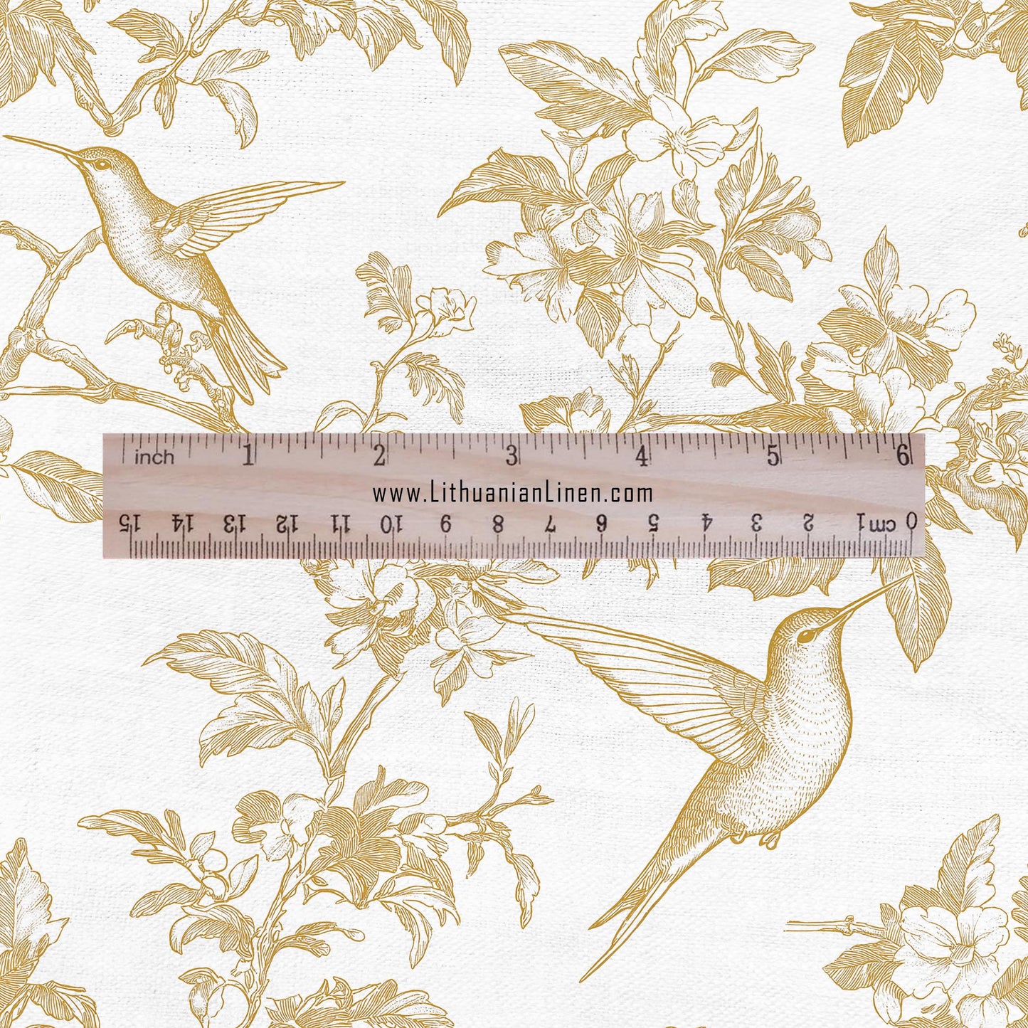 100% LINEN Fabric beige hummingbird print on white linen - floral botanical French Provence style - linen upholstery sewing dress 2040