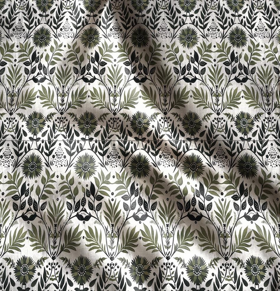 100% LINEN Fabric Floral green white, linen fabric with botanical block print, heavy linen fabric for upholstery home decor curtains cushion