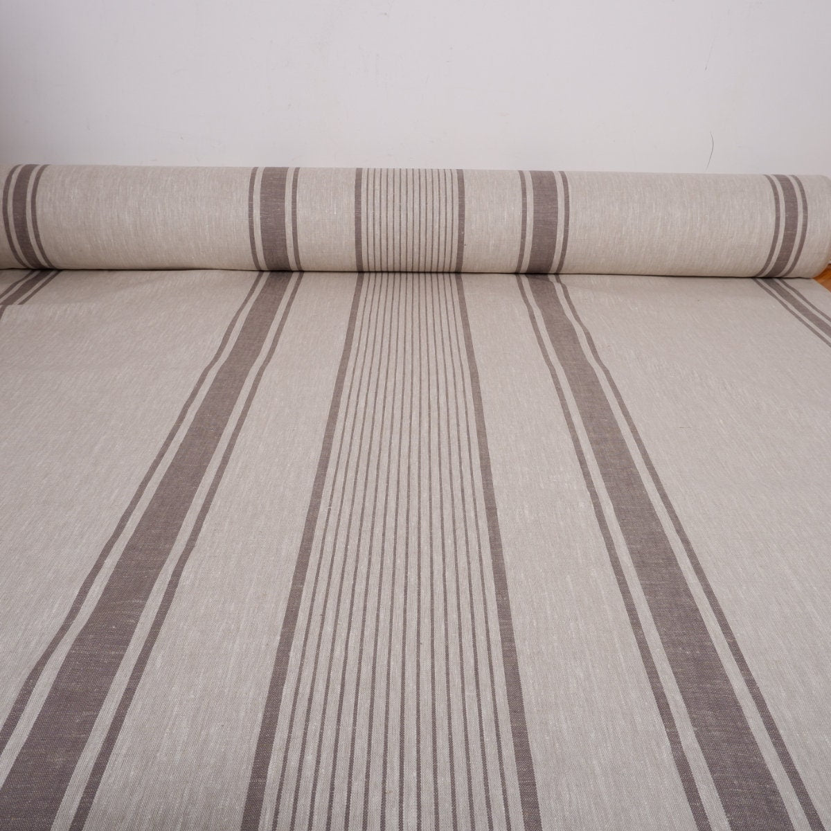 French Natural Linen Fabric with Grey Stripes , 100% linen Classic Textile for Home Decor and Crafts, Not Softened Heavyweight Linen Fabric.