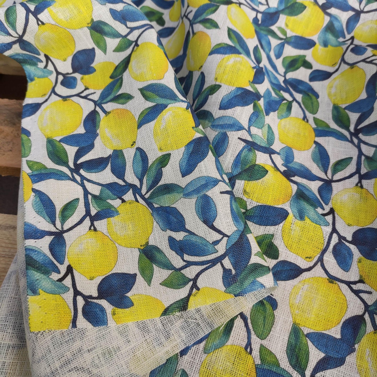 100% LINEN Fabric lemons print, oatmeal natur linen with Italian citrus print, linen fabric home decor upholstery with Italian lemon print