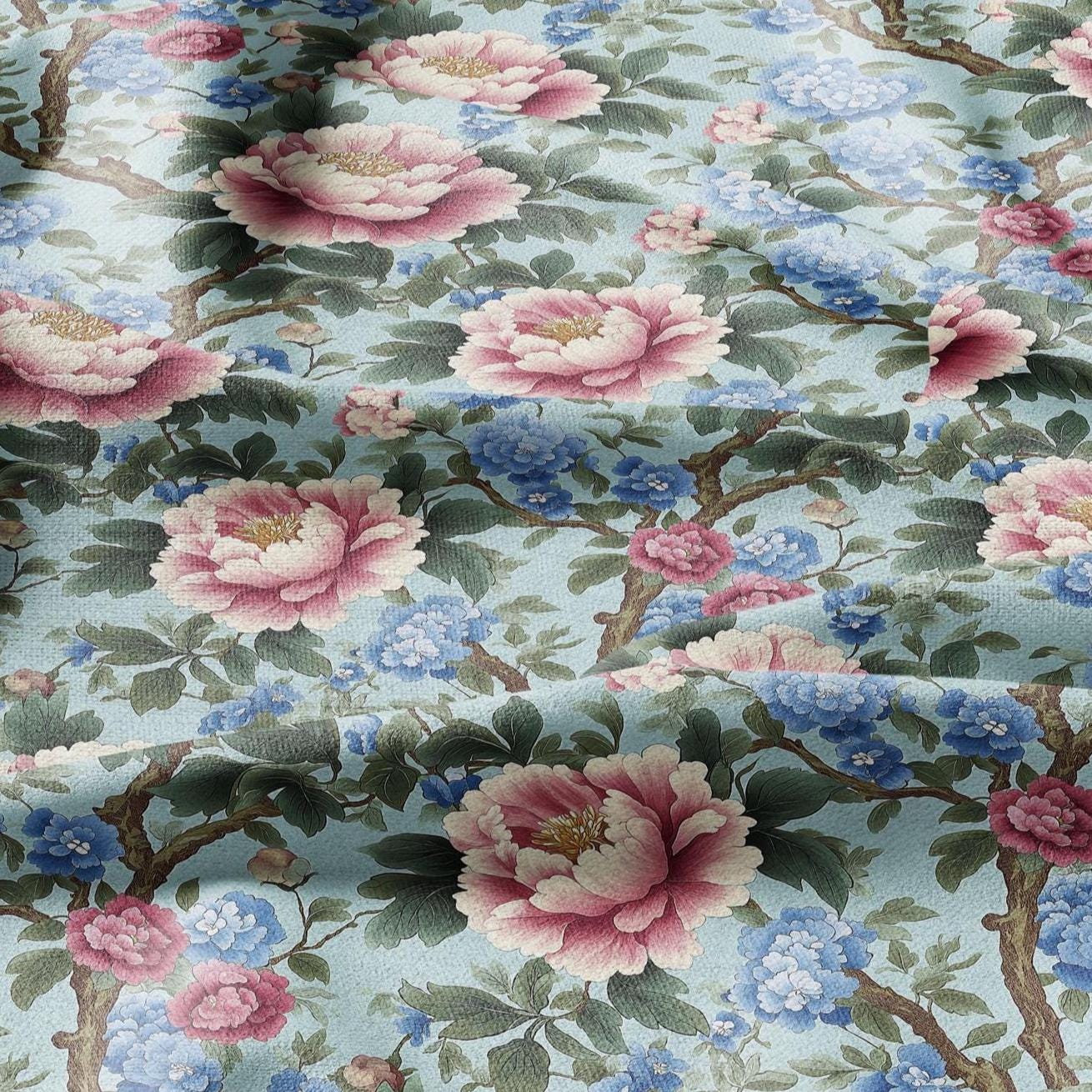 100% LINEN Fabric Chinoiserie Peony print - modern contemporary print on linen fabric upholstery dress making curtains