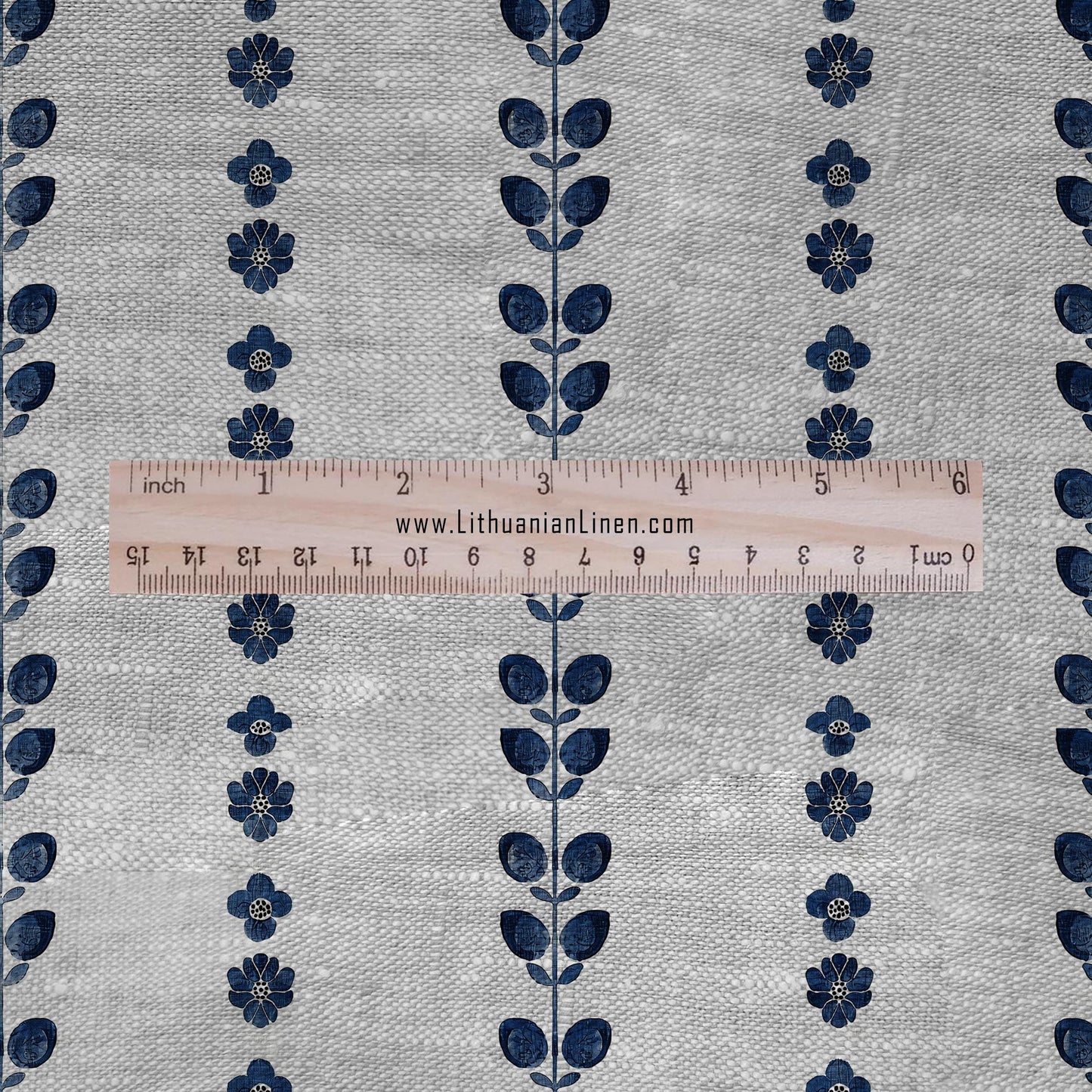100% LINEN Fabric block print indigo blue Danish flowers - scandinavian stripe fabric with floral print - block print on linen 2699