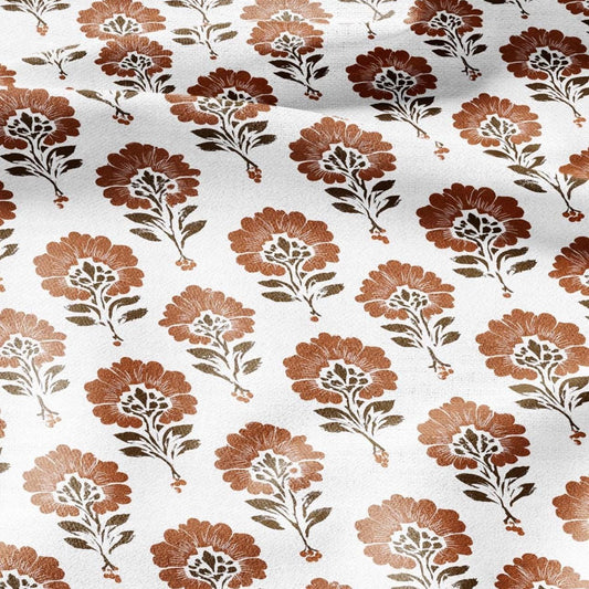100% LINEN Fabric floral print - brown white flower block print linen heavy for upholstery home decor - medium for dress making 2827