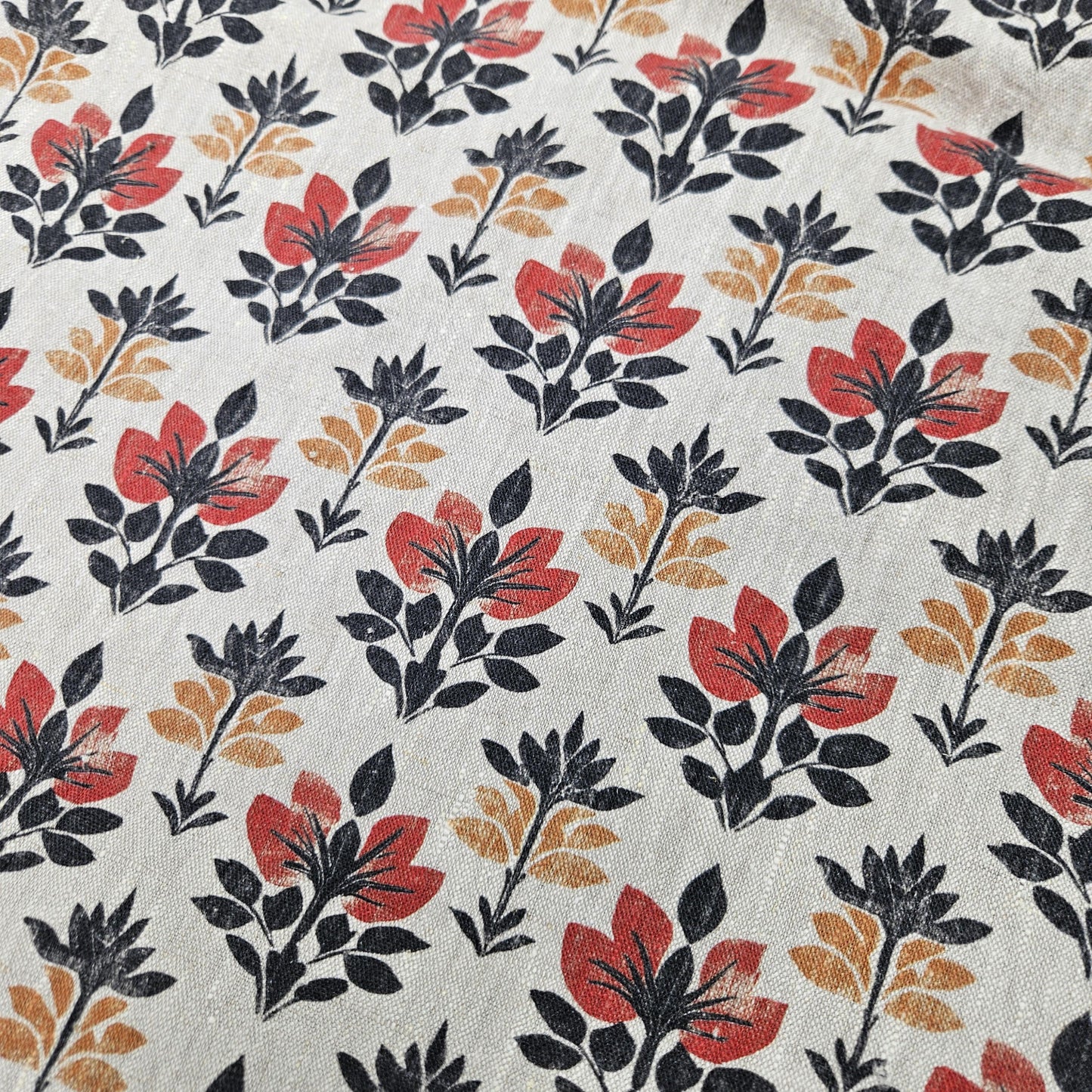 100% LINEN Fabric block print black red on grey | oatmeal linen fabric with floral print | linen fabric for upholstery home decor 2002