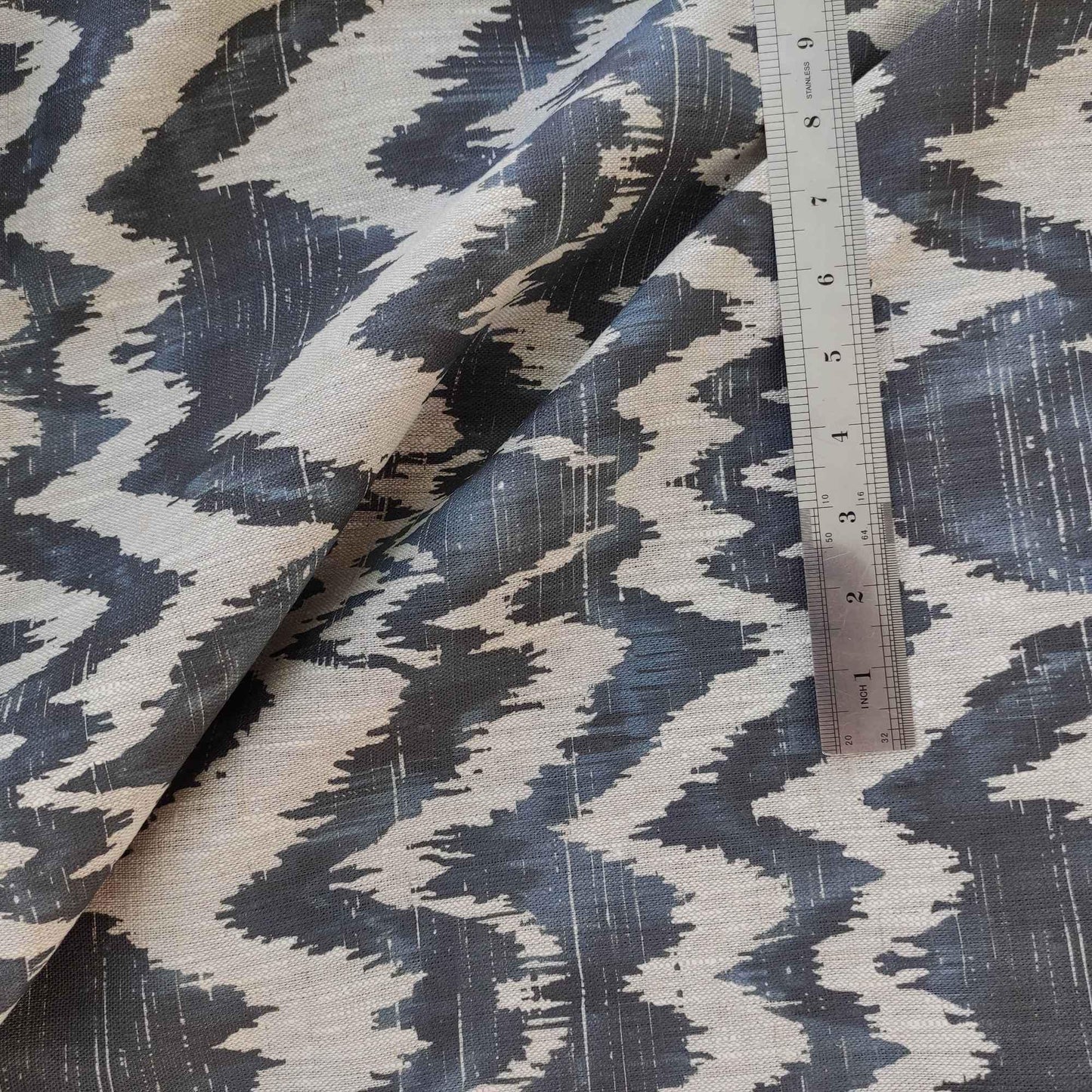 100% LINEN Fabric Abstract zigag WabiSabi , dark blue print on natural linen japandi wabi sabi linen print