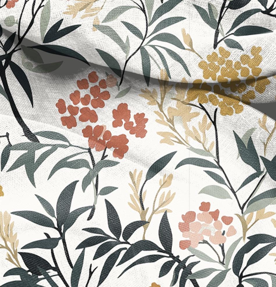 100% LINEN Fabric floral Rowan print, linen fabric with Berries tree floral print, heavy linen fabric for upholstery home decor