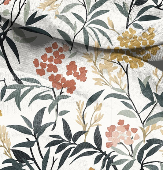 100% LINEN Fabric floral Rowan print, linen fabric with Berries tree floral print, heavy linen fabric for upholstery home decor