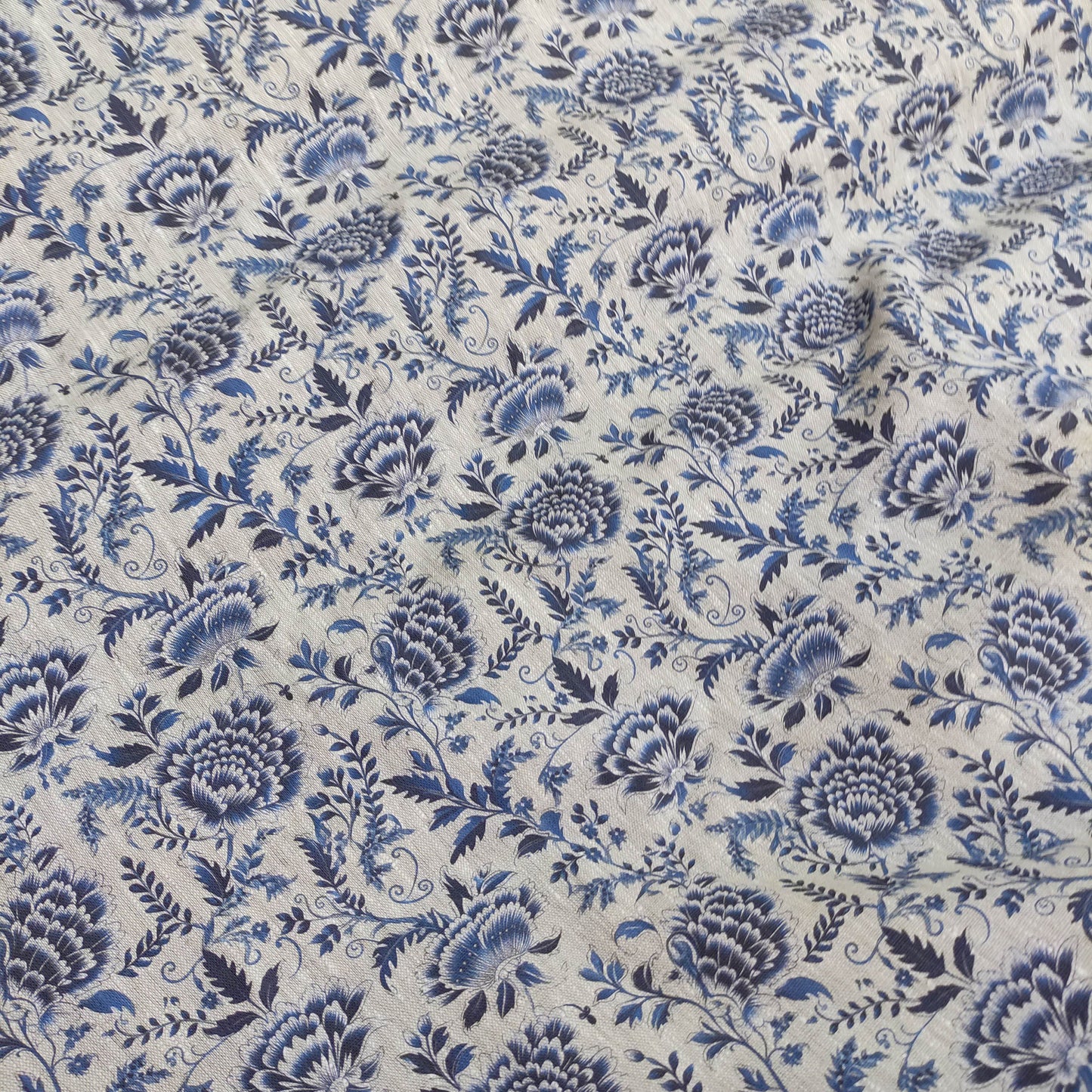 100% LINEN Fabric indigo blue on oatmeal natur linen, white botanical chinoiser fabric, French linen floral