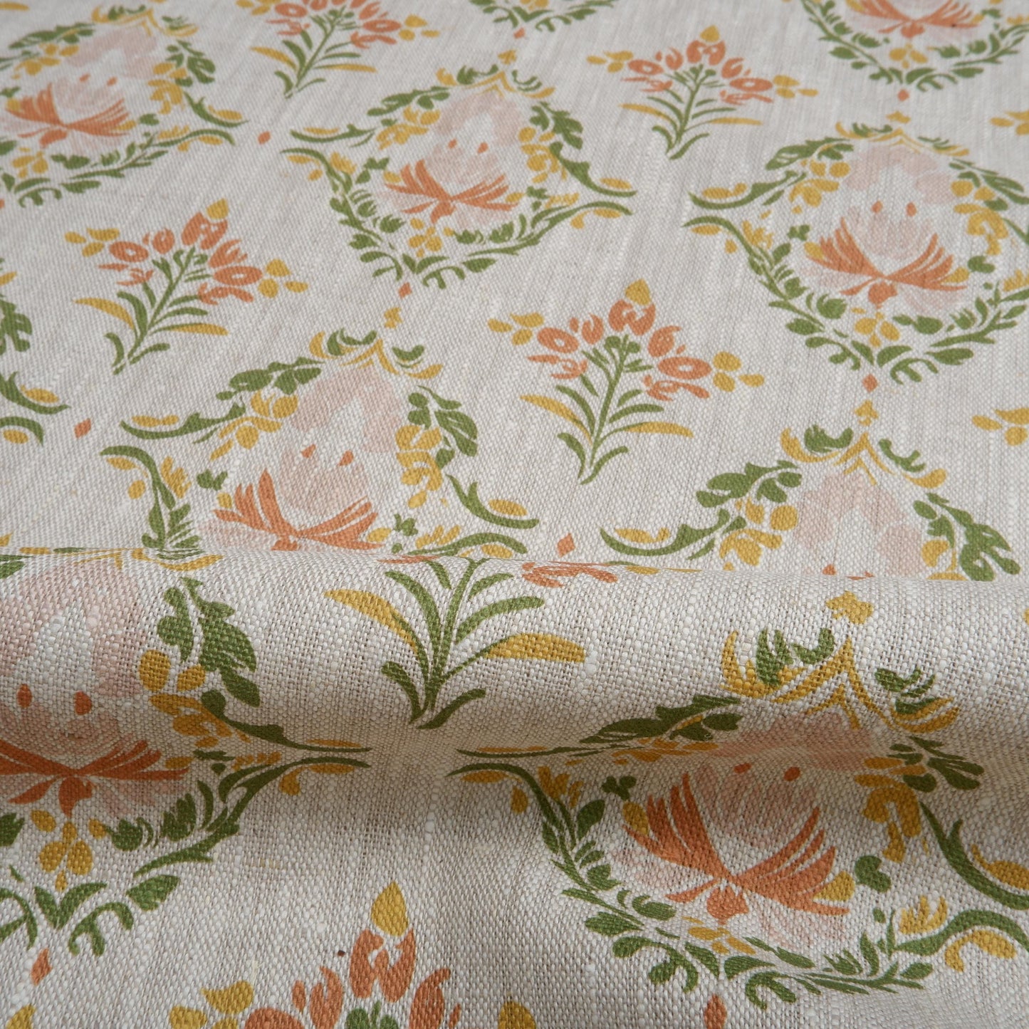 100% LINEN Fabric block print pastel green pink grey | oatmeal linen fabric with floral print | linen fabric for upholstery home decor