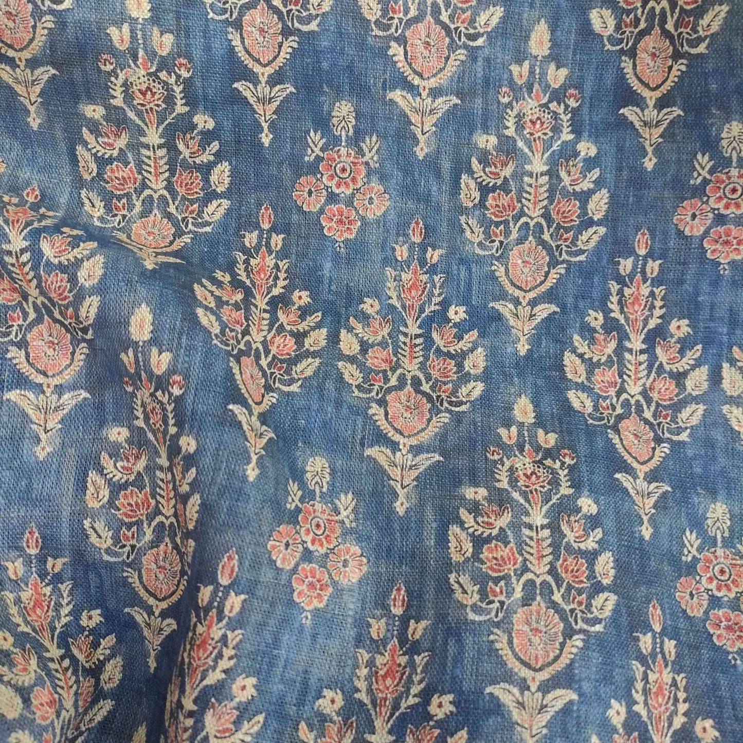 100% LINEN Fabric block print, oatmeal natur linen fabric with blue floral print, heavy linen fabric for upholstery home decor 322