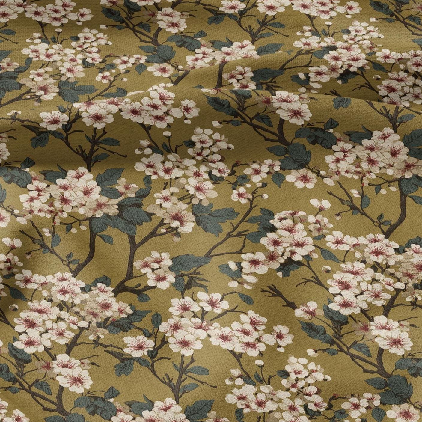 100% LINEN Fabric English flower print - mustard yellow beige floral print on white - heavy linen fabric for upholstery home decor 2612