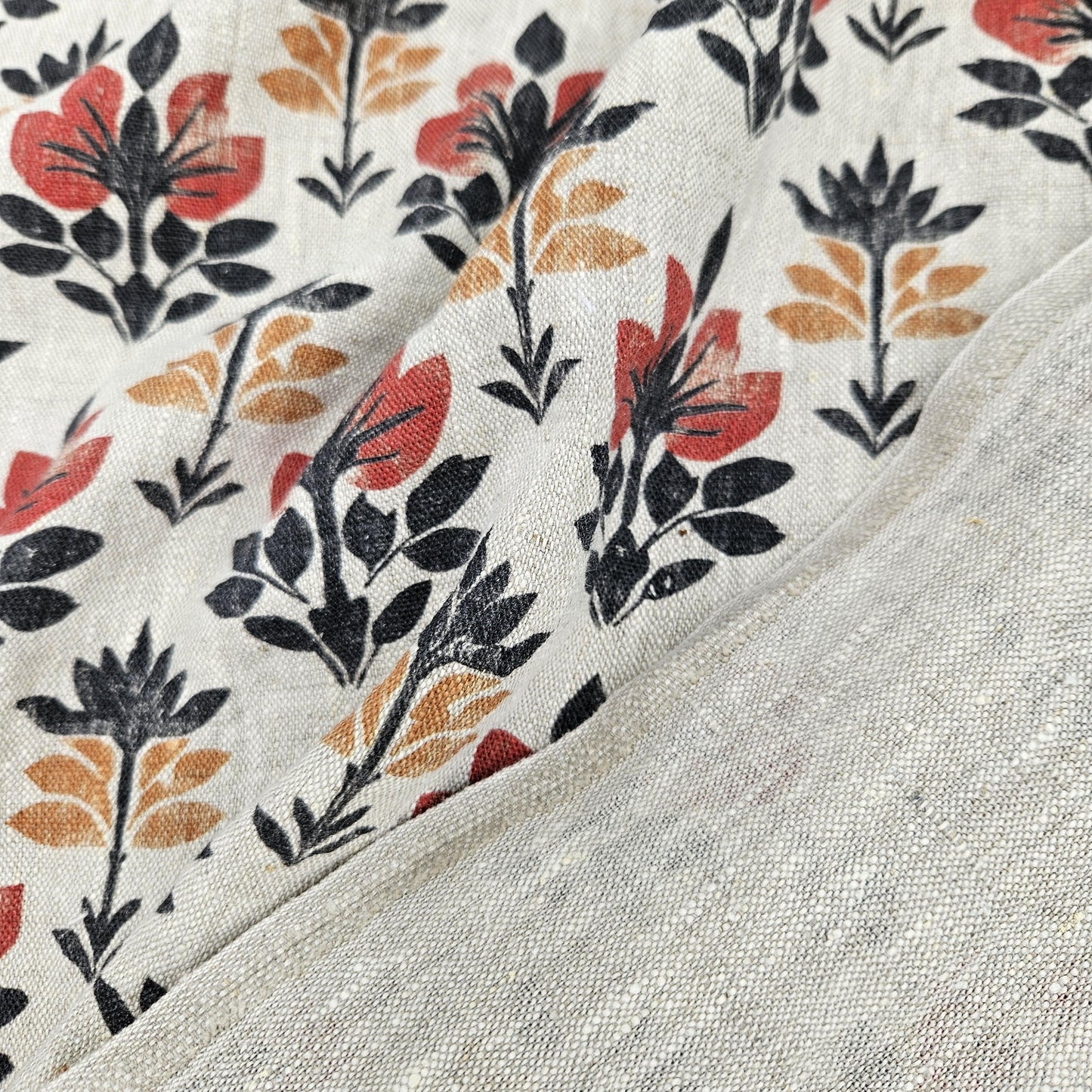 100% LINEN Fabric block print black red on grey | oatmeal linen fabric with floral print | linen fabric for upholstery home decor 2002