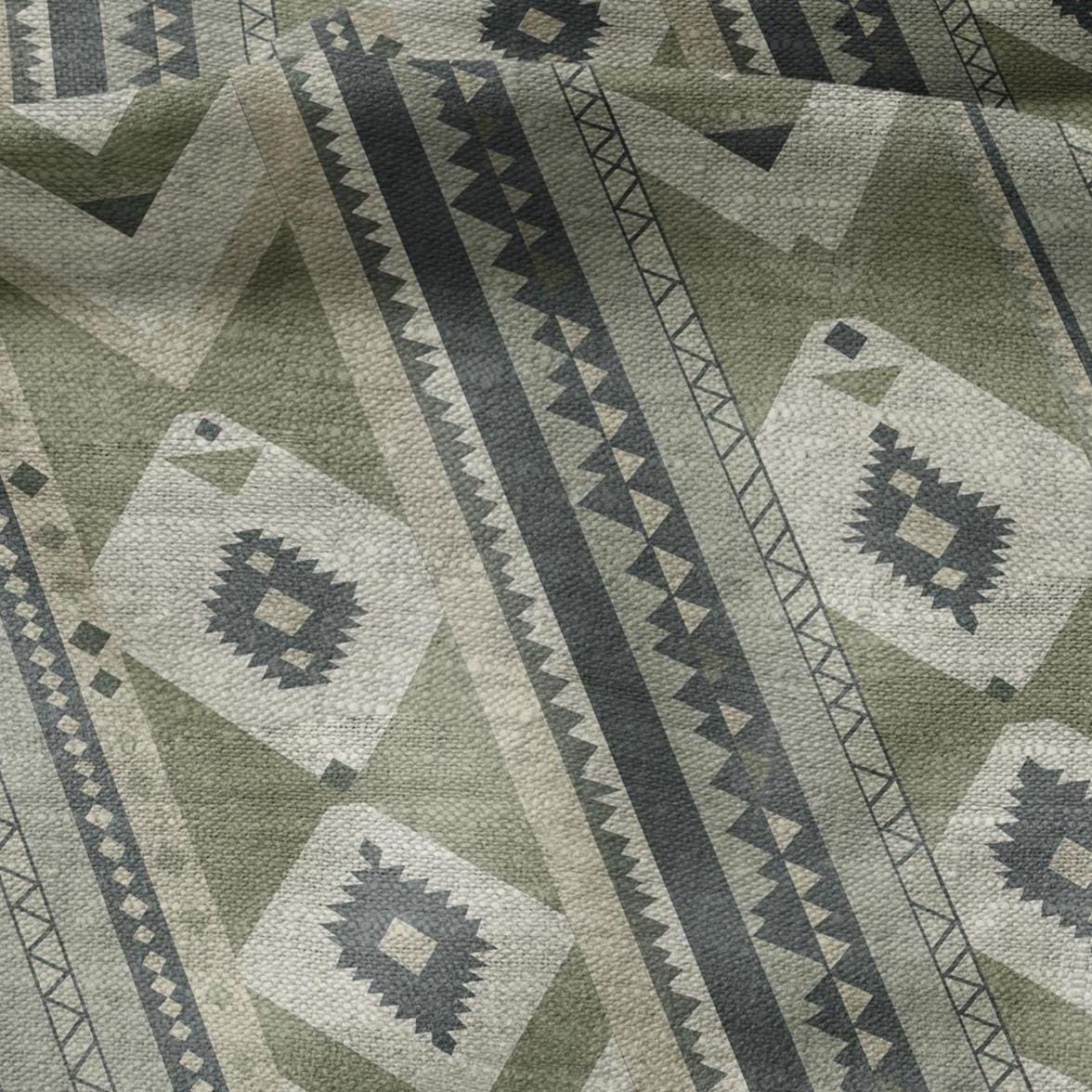 100% LINEN Fabric Western Abstract in pale green - tribal green print on linen print upholstery curtains dress making