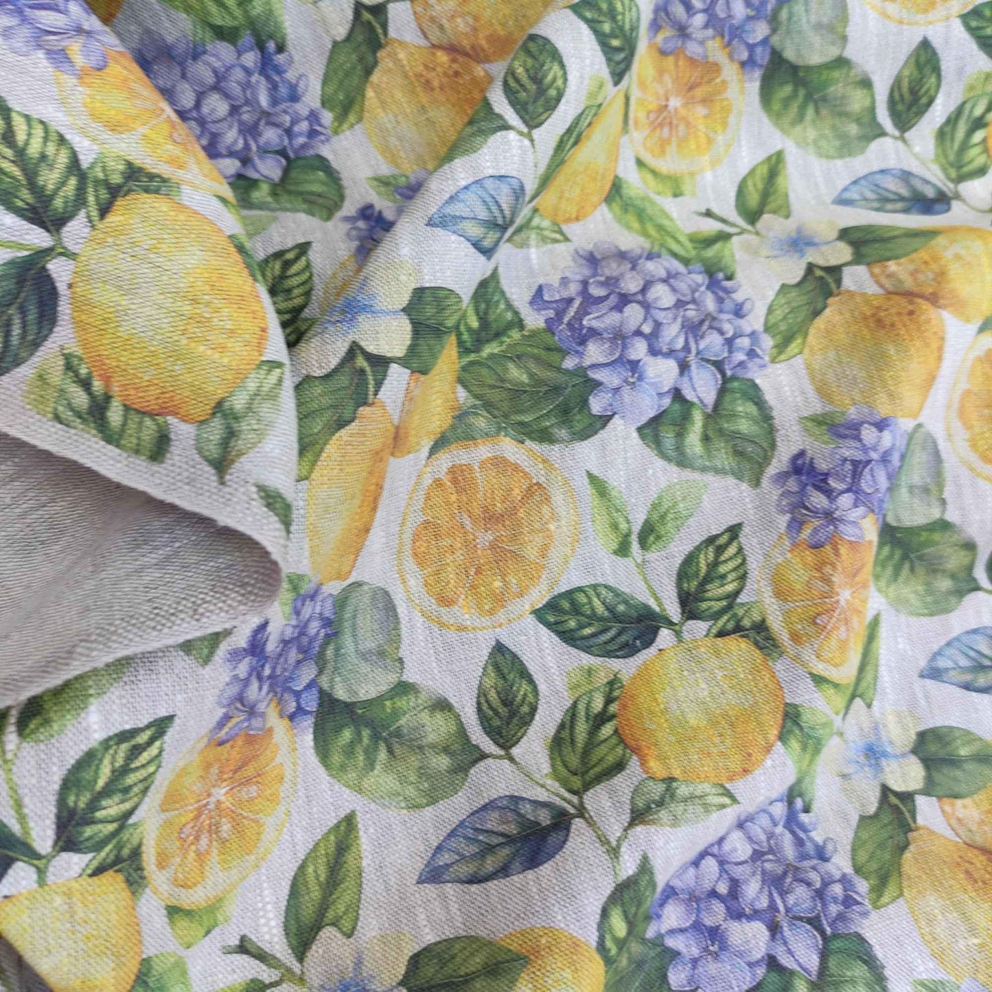 100% LINEN Fabric lemon and hydrangea print - oatmeal natur linen with citrus print - linen fabric home decor upholstery