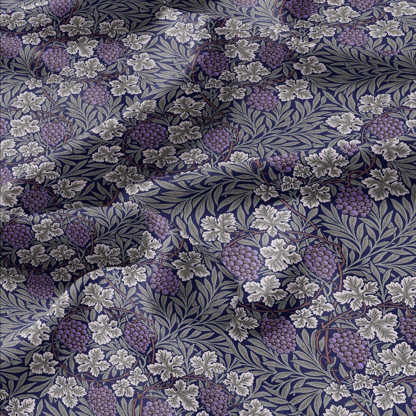 100% LINEN Fabric wine grapes purple from William Morris, Victorian fabric with blue floral print for upholstery home decor in Linen
