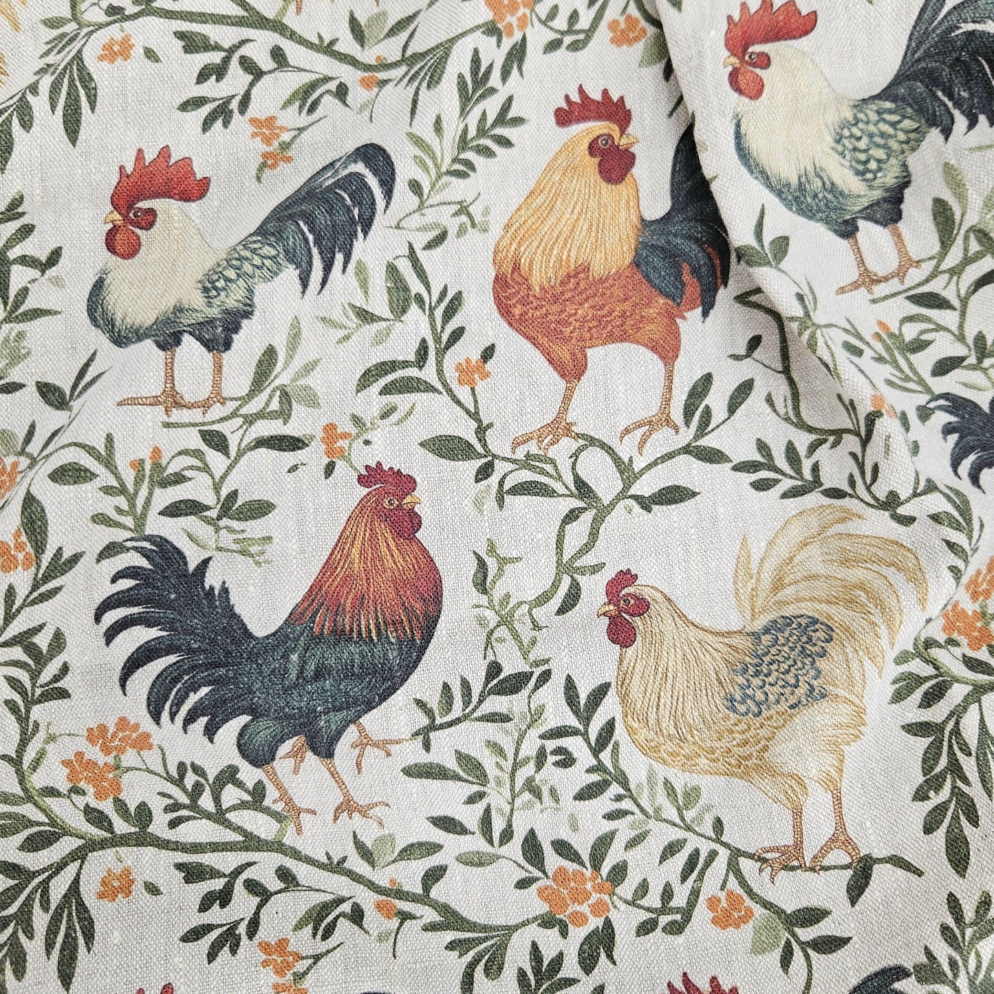 100% LINEN Fabric blue rooster farm on white linen - indigo blue countryside fabric for uphlstery heavy / medium for clothing 2266