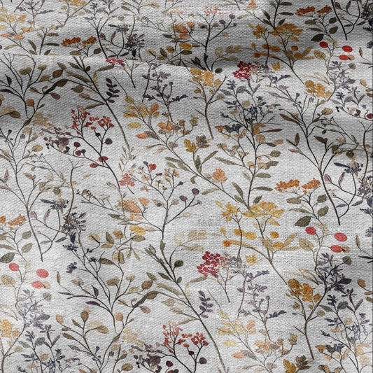 100% LINEN Fabric meadow flower print - floral yellow brown gray print on oatmeal linen for home decor sewing dress clothing 2352