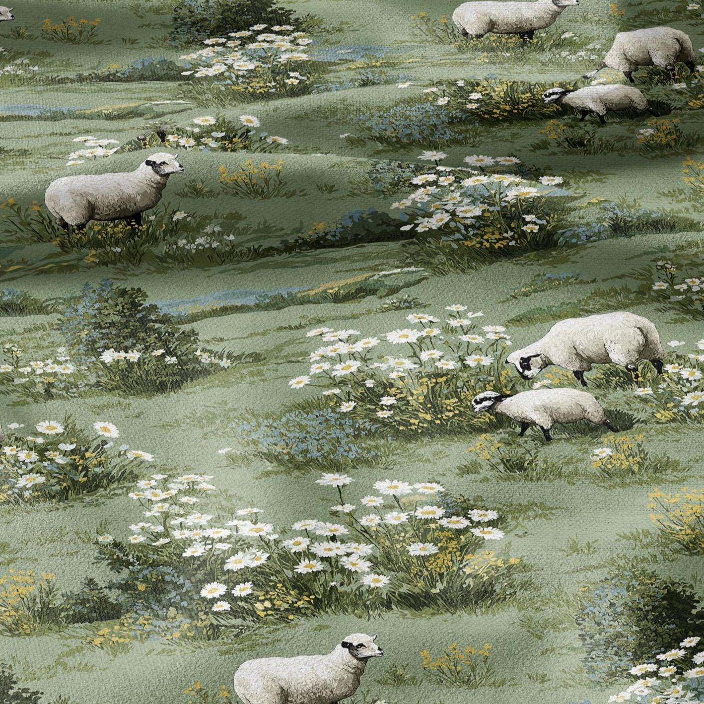 100% LINEN Fabric Sheep in fields white - green white meadow fabric print - Pastoral style French Nursery fabric 2003