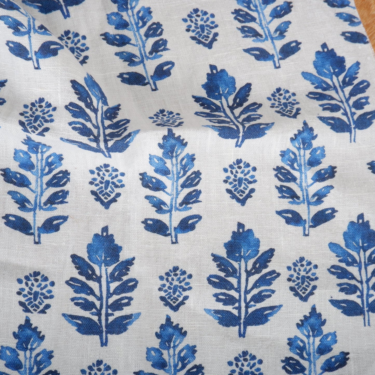 100% LINEN Fabric block print blue white - linen fabric with indian blue floral print, heavy linen fabric for upholstery home decor