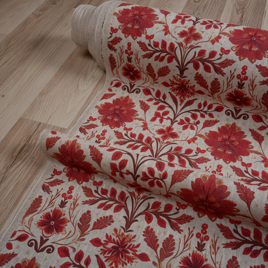 100% LINEN Fabric red holidays pattern on oatmeal linen fabric, linen fabric for upholstery home decor clothing dressmaking 2036