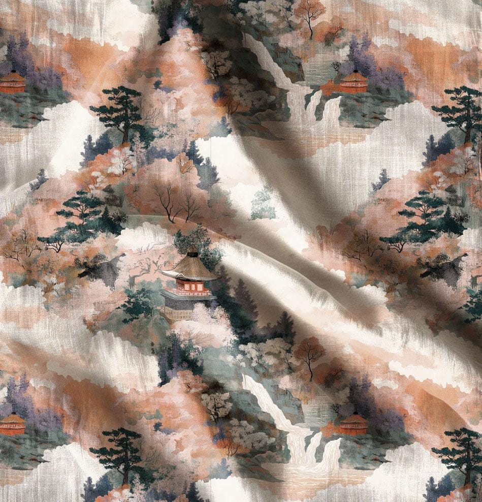 100% LINEN Fabric Kyoto in autumn print, linen fabric withJapanese scenery print, heavy linen fabric for upholstery home decor