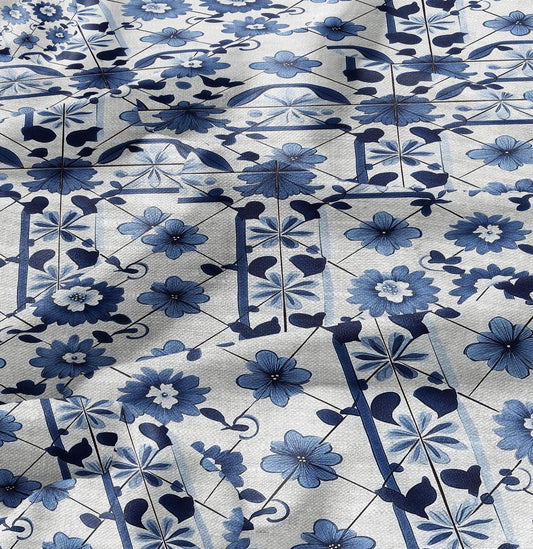 100% LINEN Fabric block print indigo blue white Portugal tile - mediterranean fabric floral print - linen fabric upholstery dress making