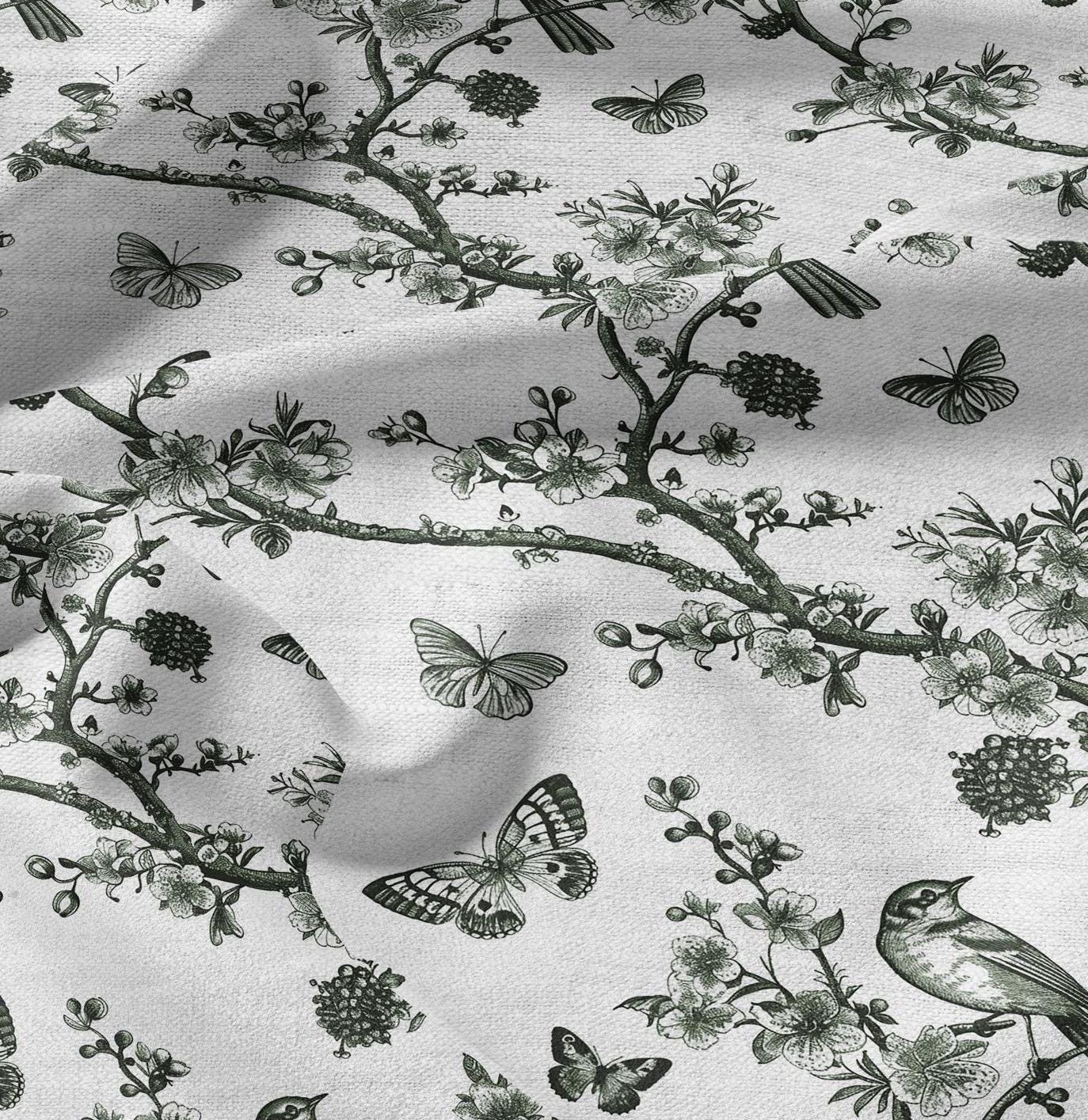 100% LINEN Fabric Floral toile de jouy green print - linen fabric with botanical print - linen fabric for upholstery home decor curtains